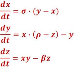 The notorious Lorenz system, a three-dimensional, nonlinear, deterministic system of ordinary differential equations. The variables x, y, z represent the system's state, t is the time variable while β, ρ, σ are parameters.